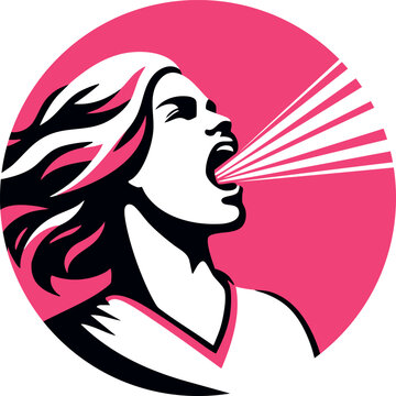 Activist lesbian print: woman feminist promotes  women rights, gender equality and anti cancer. Round trans LGBT logo with screaming girl (vector)
