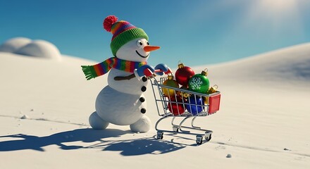 Festive snowman pushes shopping cart filled with colorful christmas ornaments in snow