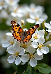 Obraz premium Delicate butterfly pair in a tender embrace atop pristine white blossoms, vibrant colors, intricate patterns