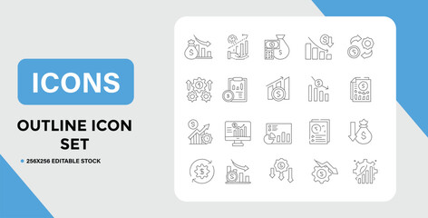 Outline Icon Set Depicting Financial Trends Analysis and Business Processes