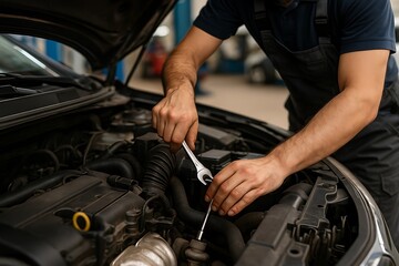 mechanic changing car engine