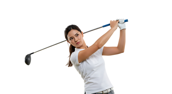 Woman playing golf isolated on transparent background