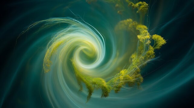 Abstract swirling galaxy with green and yellow hues