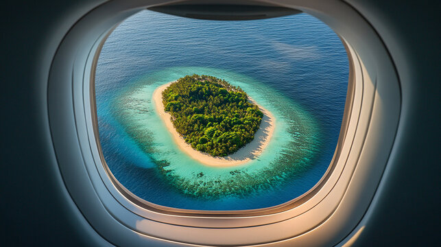 Fototapeta Hyperrealistic aerial view of a tiny island seen through an airplane window, showcasing vivid ocean colors, travel perspective, and the beauty of remote tropical destinations. 