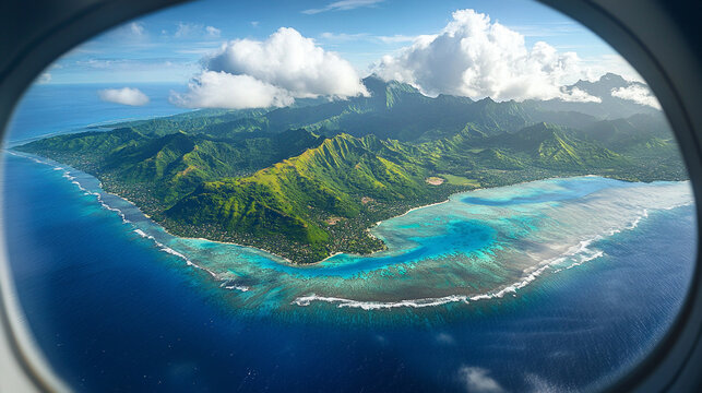 Fototapeta Hyperrealistic aerial view of a tiny island seen through an airplane window, showcasing vivid ocean colors, travel perspective, and the beauty of remote tropical destinations. 