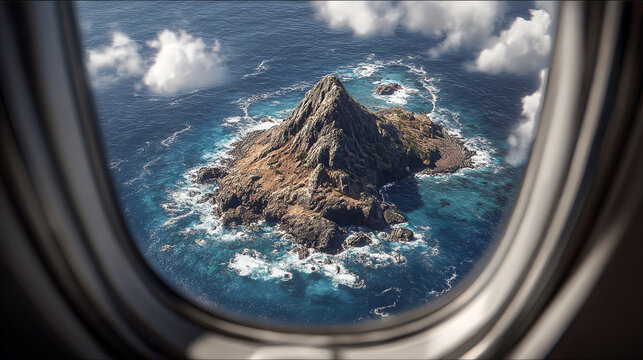 Fototapeta Hyperrealistic aerial view of a tiny island seen through an airplane window, showcasing vivid ocean colors, travel perspective, and the beauty of remote tropical destinations. 