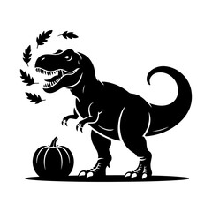 Tyrannosaurus Rex Silhouette with Pumpkin and Autumn Leaves for Halloween Decorations