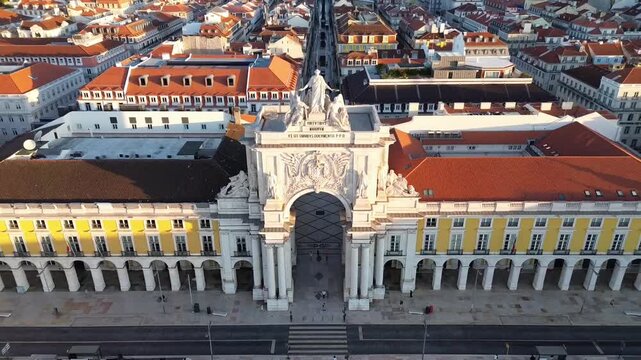 drone shot of praca do comercio lisbon at sunrise