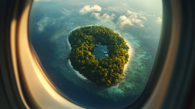 Fototapeta Hyperrealistic aerial view of a tiny island seen through an airplane window, showcasing vivid ocean colors, travel perspective, and the beauty of remote tropical destinations. 