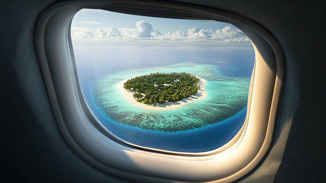 Fototapeta Hyperrealistic aerial view of a tiny island seen through an airplane window, showcasing vivid ocean colors, travel perspective, and the beauty of remote tropical destinations. 