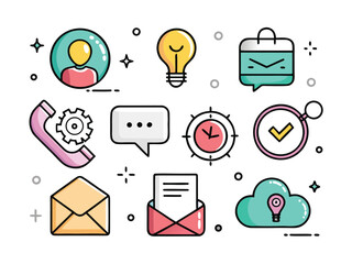 Doodle Style Icons Present Various Business And Communication Symbols On White