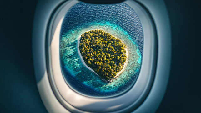 Fototapeta Hyperrealistic aerial view of a tiny island seen through an airplane window, showcasing vivid ocean colors, travel perspective, and the beauty of remote tropical destinations. 