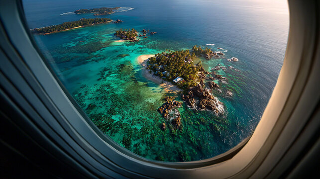 Fototapeta Hyperrealistic aerial view of a tiny island seen through an airplane window, showcasing vivid ocean colors, travel perspective, and the beauty of remote tropical destinations. 