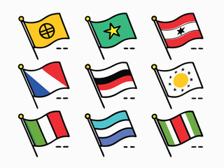 Collection Of Nine Flags In Cartoon Style Isolated On A White Background