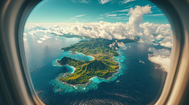 Fototapeta Hyperrealistic aerial view of a tiny island seen through an airplane window, showcasing vivid ocean colors, travel perspective, and the beauty of remote tropical destinations. 