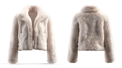 Front and back views of a short cream colored faux fur jacket on a white background