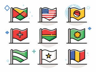 Nine Diverse National Flags Are Displayed In A Flat Graphic Cartoon Style