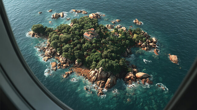 Fototapeta Hyperrealistic aerial view of a tiny island seen through an airplane window, showcasing vivid ocean colors, travel perspective, and the beauty of remote tropical destinations. 