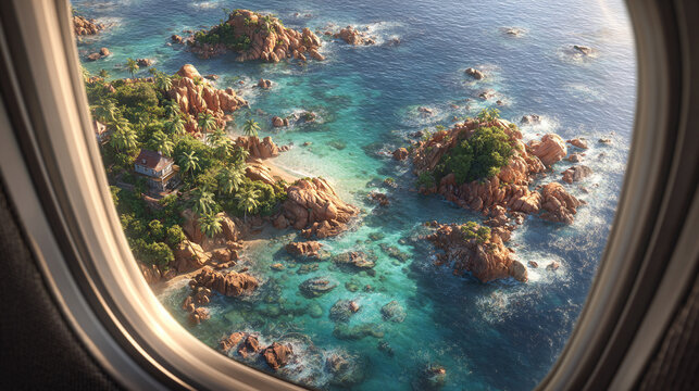 Fototapeta Hyperrealistic aerial view of a tiny island seen through an airplane window, showcasing vivid ocean colors, travel perspective, and the beauty of remote tropical destinations. 
