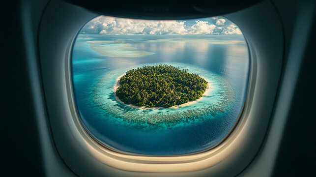 Fototapeta Hyperrealistic aerial view of a tiny island seen through an airplane window, showcasing vivid ocean colors, travel perspective, and the beauty of remote tropical destinations. 