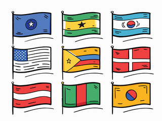 Nine National Flags Are Waving Drawn In Simple Cartoon Style Illustration