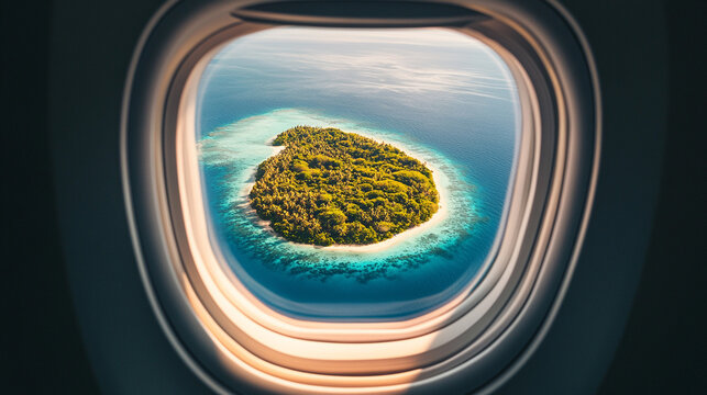 Fototapeta Hyperrealistic aerial view of a tiny island seen through an airplane window, showcasing vivid ocean colors, travel perspective, and the beauty of remote tropical destinations. 
