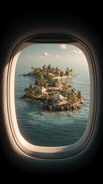 Fototapeta Hyperrealistic aerial view of a tiny island seen through an airplane window, showcasing vivid ocean colors, travel perspective, and the beauty of remote tropical destinations. 