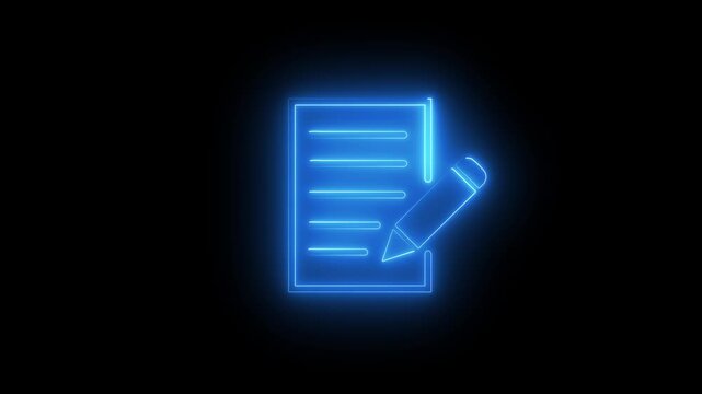 Neon blue documents check icon animation on black background.