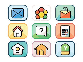 Set Of Nine Colorful Cartoon Style App Icons Displaying Diverse Symbols