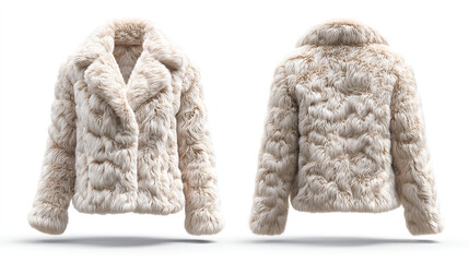 Front and back view of a short cream colored faux fur jacket on a white background