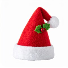 Red and White Santa Hat with Holly Ornament on a White Background