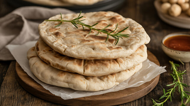 Stack of freshly baked flatbreads on a wooden board, garnished with rosemary and sauce.