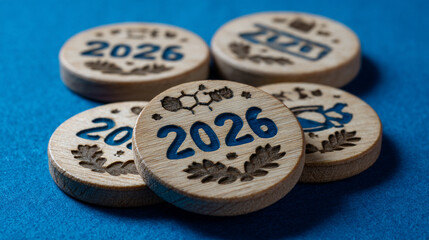 A close up of five wooden coins with the year 2026 and various designs on a blue surface