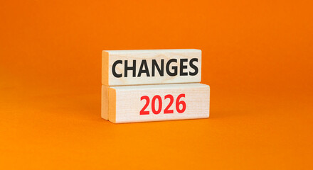 Changes 2026 symbol. Concept words Changes 2026 on beautiful wooden blocks. Beautiful orange paper background. Business and changes 2026 concept. Copy space.