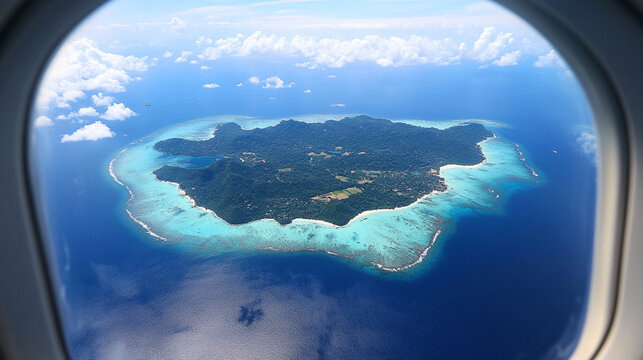 Fototapeta Hyperrealistic aerial view of a tiny island seen through an airplane window, showcasing vivid ocean colors, travel perspective, and the beauty of remote tropical destinations. 