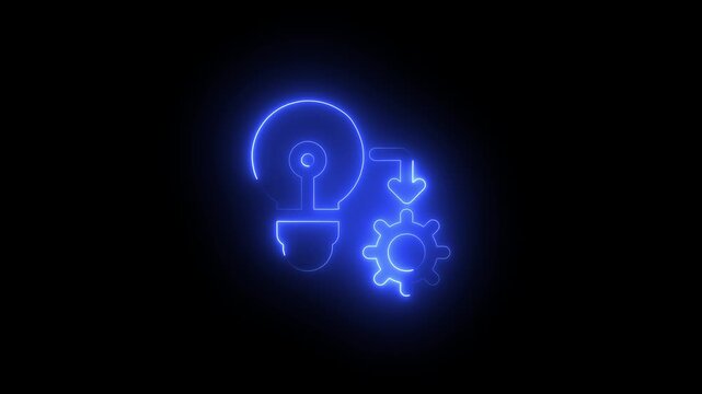 Abstract neon glowing light bulb with arrow and gear icon animation on isolated black background. bright idea to production concept, innovation and implementation concept.