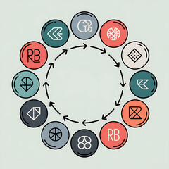 Circular diagram illustrating a process flow with diverse icons and directional arrows in a repeating cycle