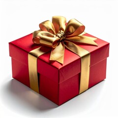 Obraz premium Square Red Gift Box with Golden Ribbon and Bow on White Background