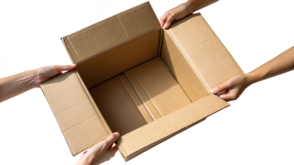 Hands holding open an empty cardboard box against a black background