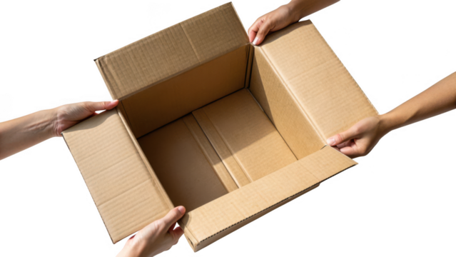Hands holding open an empty cardboard box against a black background