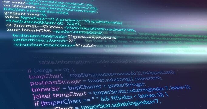 Light streak sweeping code block, multicolored JS scrolling upward showing code logic