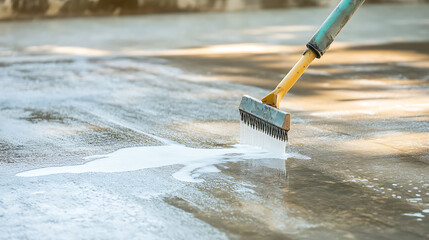 Close-up on a cleaning brush scrubbing a concrete surface with soapy water, showcasing the act of cleaning and the contrast between clean and dirty areas. Outdoor setting.