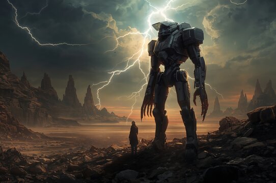 Towering robot stands beside human under crackling alien skies on strange distant planet
