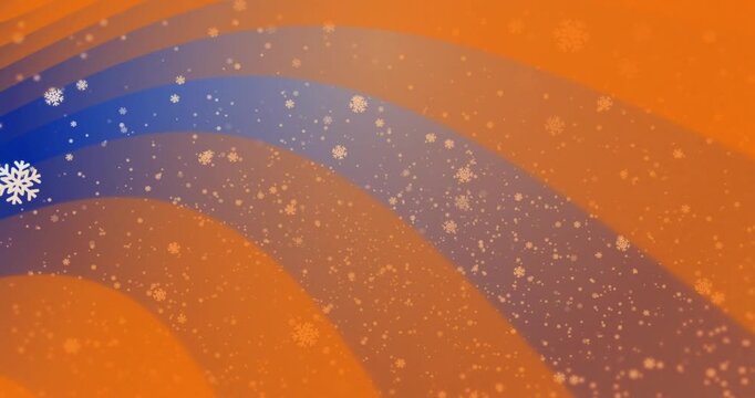 Clip start launching snowflakes descending while ribbons weaving and pulsing to form wave pattern