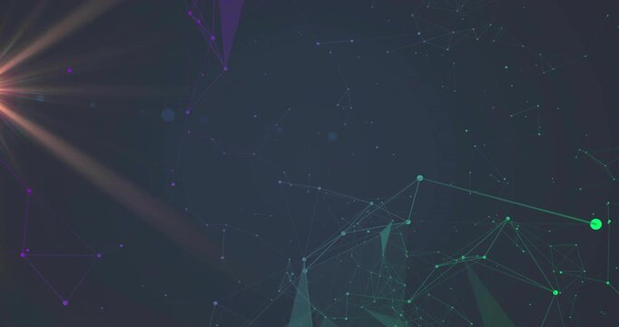 Radial orange-pink lens flare appearing left, teal nodes linking into drifting net showing network