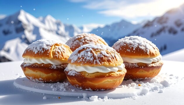 A tempting arrangement of four frosted cream-filled pastries, presented atop a white surface with snowy mountain scenery in the background