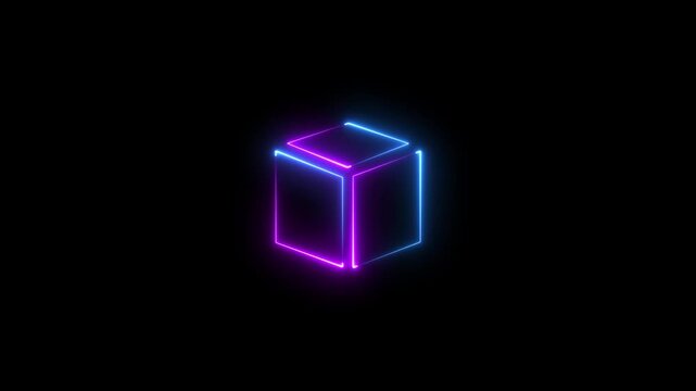 Neon glowing square frame on black background. Glowing pink purple cube rotating in space