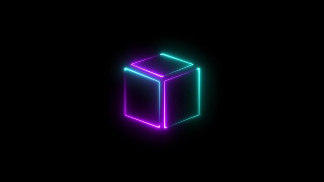 Glowing looping pentagonal neon square frame effect, dark background. Technology Sign, Colorful Neon Figure On Black Background.