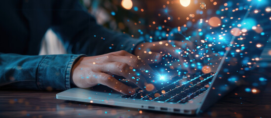 Digital Realm: Hands of a person operate a laptop with illuminated digital particles, representing the boundless possibilities of technology. 
