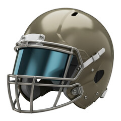 Fototapeta premium A metallic gold helmet with a blue visor and protective cage.